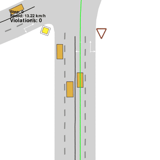 CaRL closed-loop rollout failing to yield at a priority intersection.